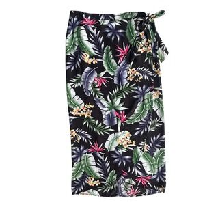 Elsie & Zoey Women SM Black Pink Multi Tropical Floral Wrap Tie Midi Skirt Beach
